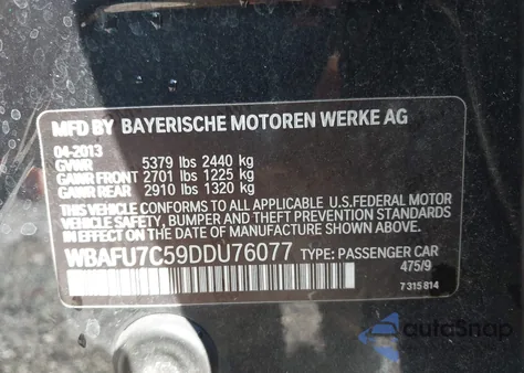 2013 BMW 535I xDrive from USA, damaged, VIN WBAFU7C59DDU76077